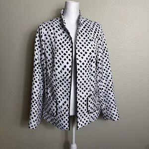 Tan Jay Black White Diamond Print Waffle Knit Open Front Jacket Size 8